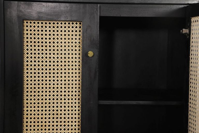 Tapola Black Wood and Rattan 2 Door Cabinet