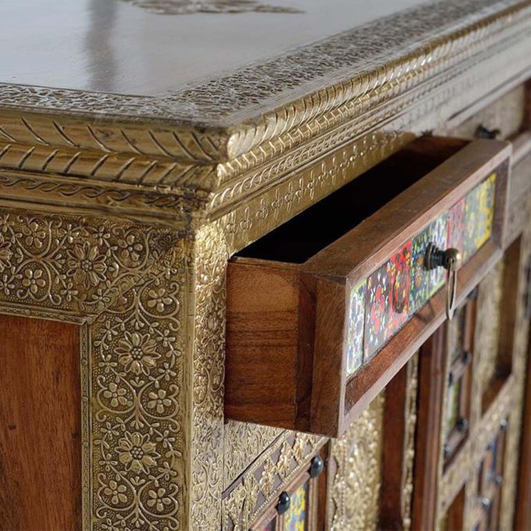 Trona Sideboard - Acacia Wood - Brass Cladded - 3 Door - Medium - 150cm