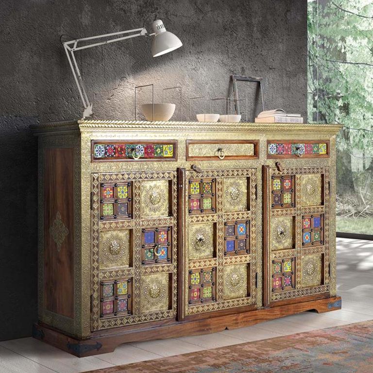 Trona Sideboard - Acacia Wood - Brass Cladded - 3 Door - Medium - 150cm