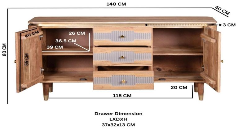 William Acacia Ribbed with Gold Trim 140cm Medium Sideboard