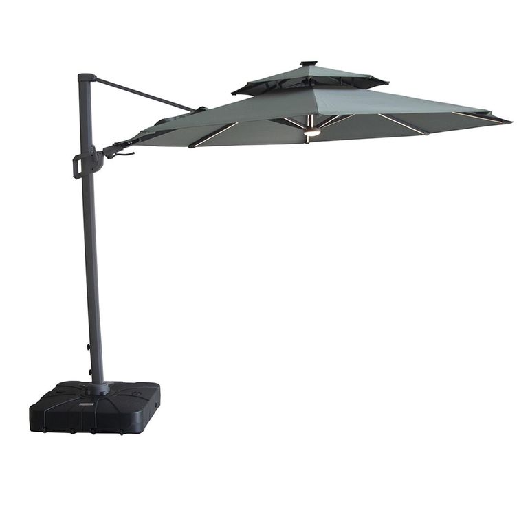 Apollo LED Outdoor Cantilever Parasol - 3cm - Round - with Base - Oil Green