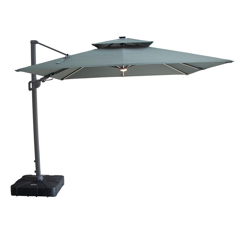 Apollo LED Outdoor Cantilever Parasol - 3cm x 3cm - Square - with Base - Oil Green
