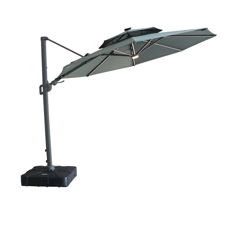 Apollo LED Outdoor Cantilever Parasol - 3cm - Round - with Base - Oil Green