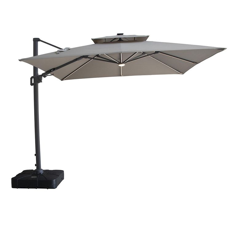 Apollo LED Outdoor Cantilever Parasol - 3cm x 3cm - Square - with Base - Clay Beige