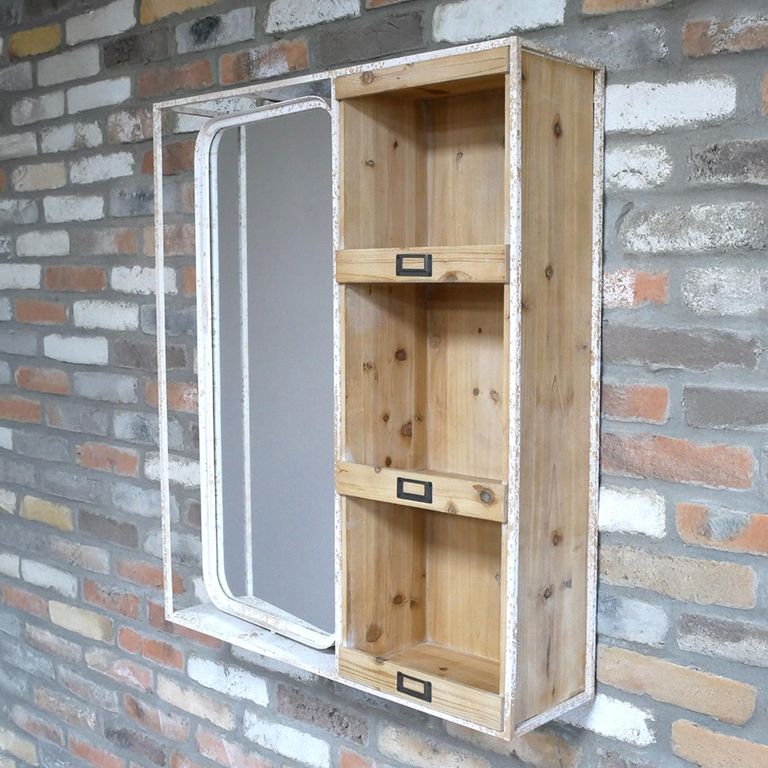 Mirror - Wood and White Metal - with Shelves