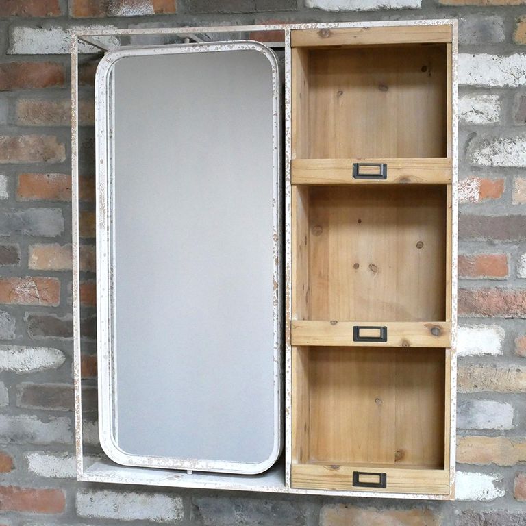 Mirror - Wood and White Metal - with Shelves