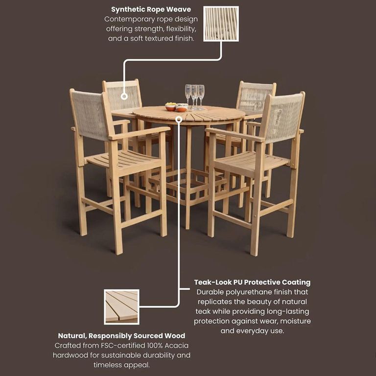 Roma Sunray Garden Round High Bar Set - 4 Seater - Rope Bar Stools