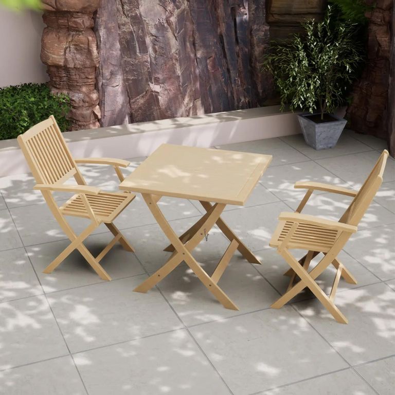 London Garden Folding Bistro Set - 2 Seater - 70cm - Square - Acacia Wood - 2 Folding Armchairs