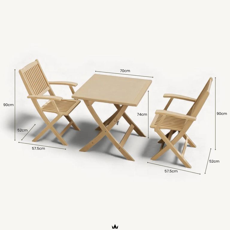 London Garden Folding Bistro Set - 2 Seater - 70cm - Square - Acacia Wood - 2 Folding Armchairs