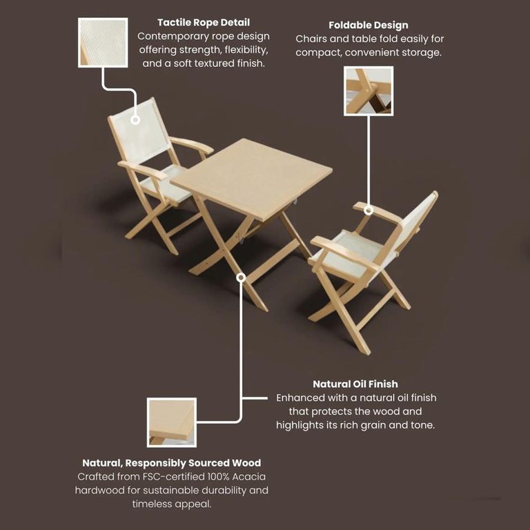 London Garden Folding Bistro Set - 2 Seater - 70cm - Square - Acacia Wood - 2 Rope Folding Armchairs