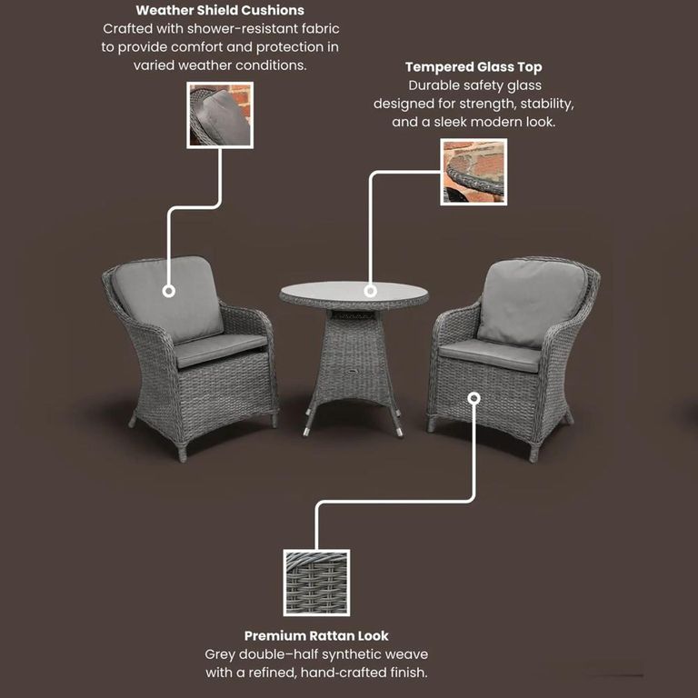 Paris Garden Bistro Set - 2 Seater - 75cm - Round - Grey - Rattan - 2 Imperial Chairs