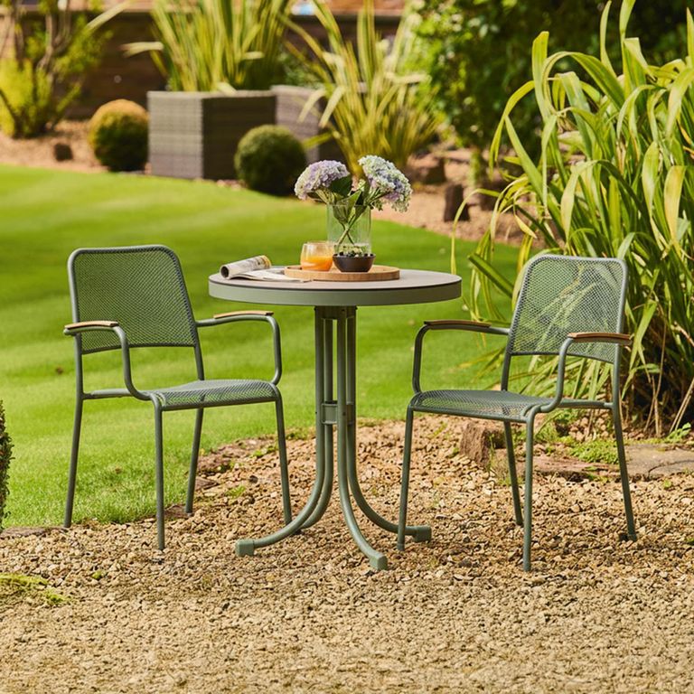 Bergen Garden Bistro Set - Round - Green Metal - 2 Stacking Armchairs