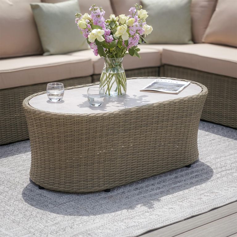 Winchester Oval Garden Coffee Table - Ceramic Top - Natural Rattan