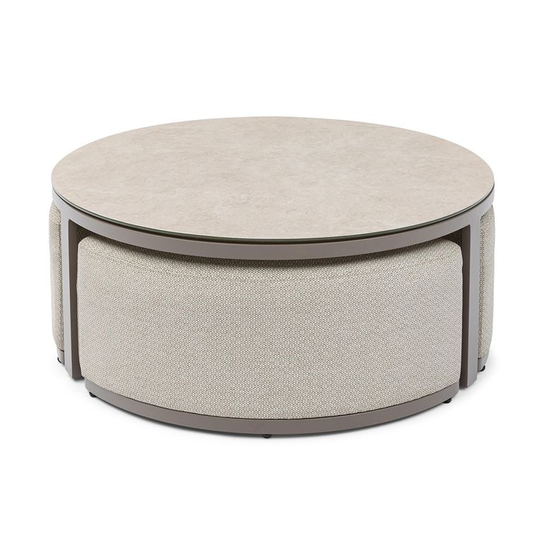 Ibiza Garden Round Coffee Table - with Footstool - Latte