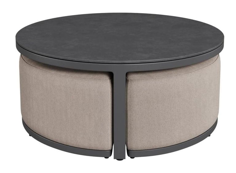 Garden Coffee Table - Round - Aluminium - Oatmeal - with Footstools