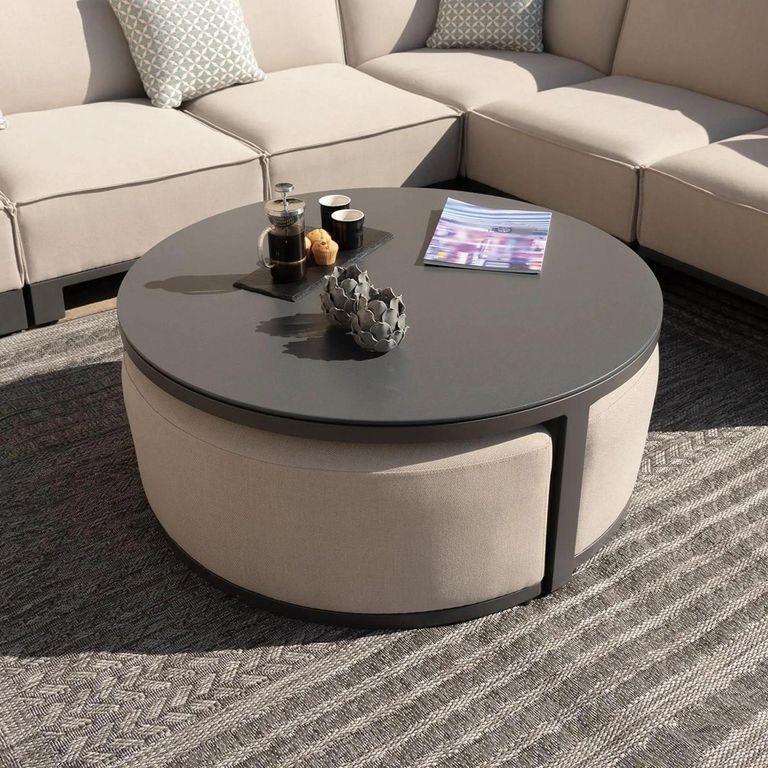 Garden Coffee Table - Round - Aluminium - Oatmeal - with Footstools
