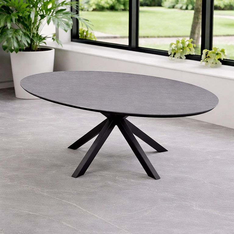 Aspen Garden Oval Dining Table - 8 Seater - 200cm - Ceramic Top - Black Cross Leg