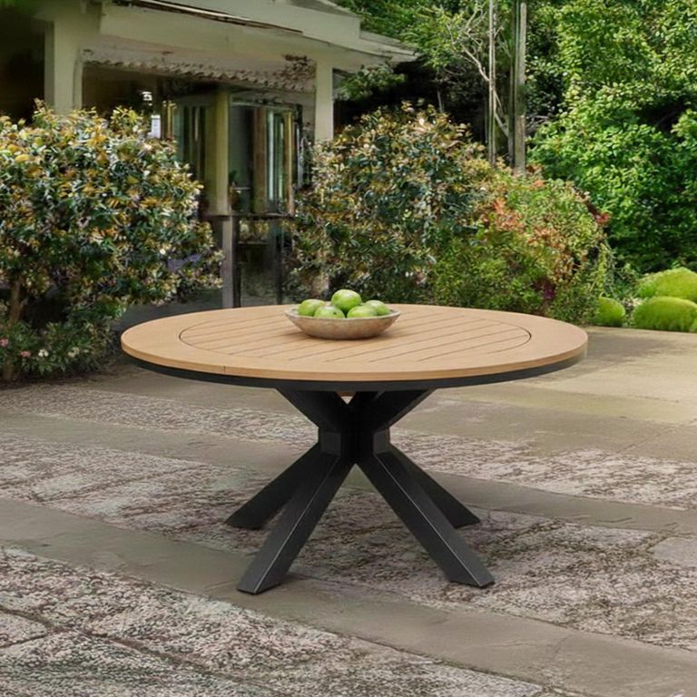 Tuscany Garden Round Dining Table - 6 Seater - 150cm - Teak Wood - Black Cross Leg