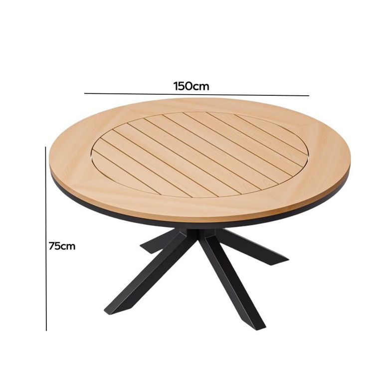 Tuscany Garden Round Dining Table - 6 Seater - 150cm - Teak Wood - Black Cross Leg
