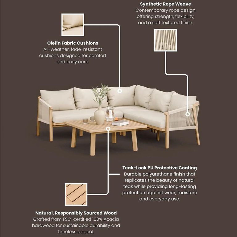 Roma Garden Corner Lounge Set - 5 Seater - Square Coffee Table