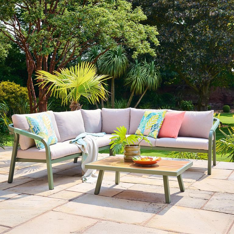 Genoa Garden Corner Lounge Set - 5 Seater - with Coffee Table - Olive Green and Timber Wood