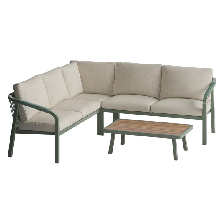 Genoa Garden Corner Lounge Set - 5 Seater - with Coffee Table - Olive Green and Timber Wood