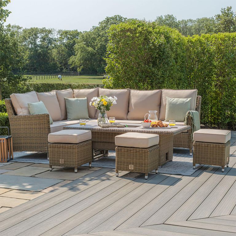 Winchester Corner Garden Dining Set - Rising Table - Ice Bucket - Ceramic Top - Natural Rattan