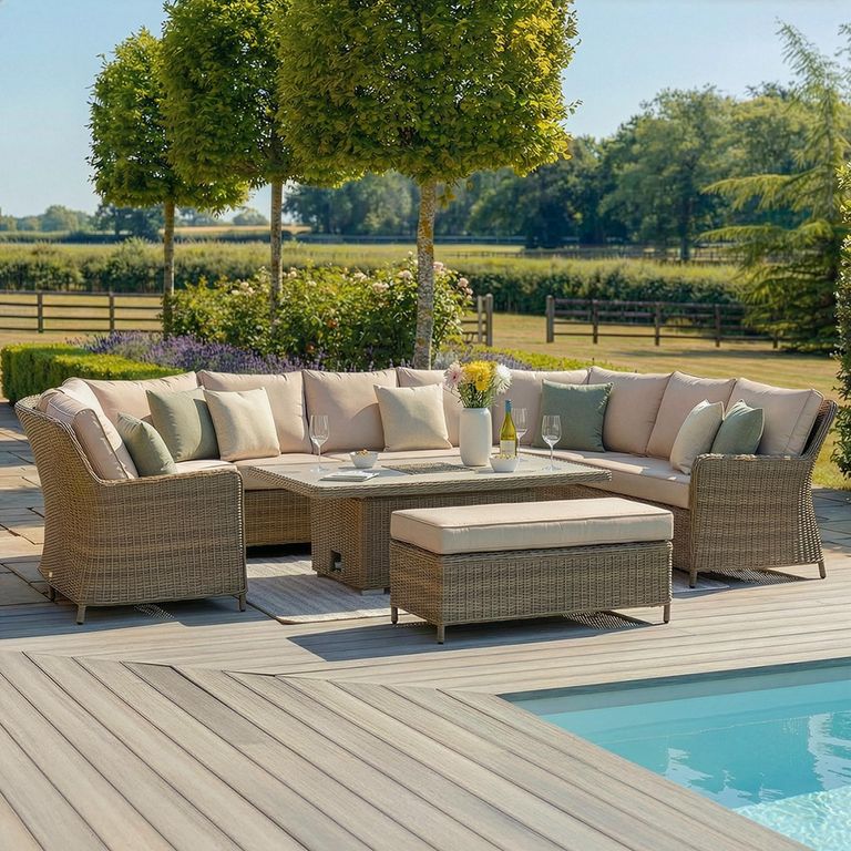 Winchester Royal U-Shaped Garden Sofa Set - Rising Table - Ceramic Top - Natural Rattan