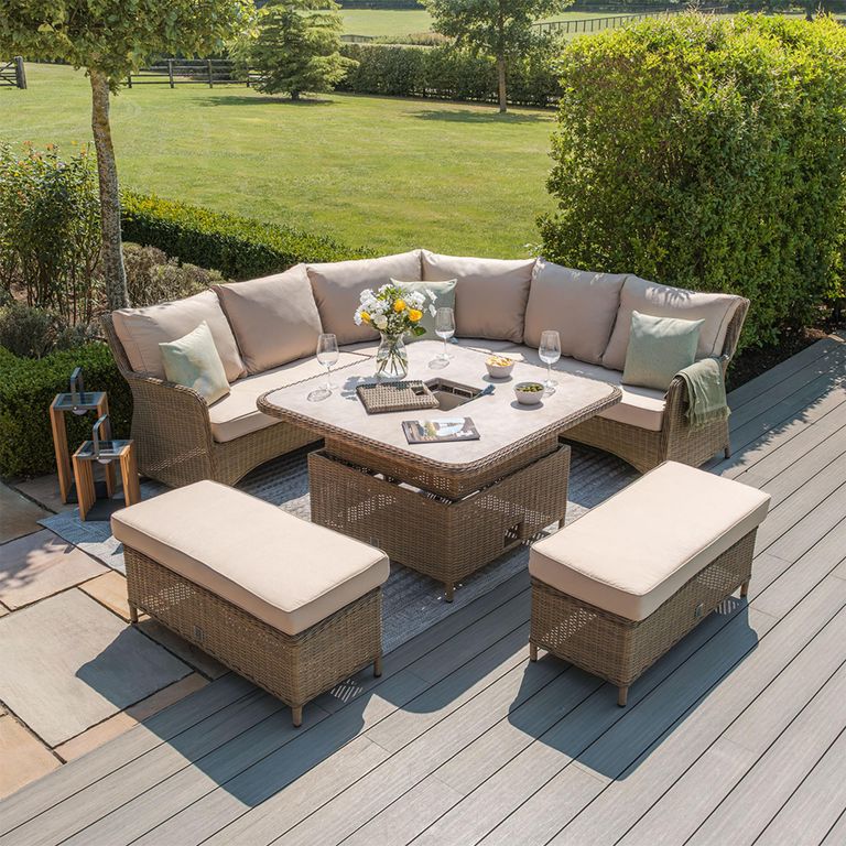 Winchester Corner Garden Dining Sofa Set - Rising Table - Ice Bucket - Ceramic Top - Natural Rattan