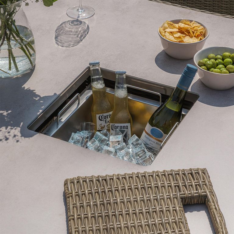 Winchester Corner Garden Dining Sofa Set - Rising Table - Ice Bucket - Ceramic Top - Natural Rattan