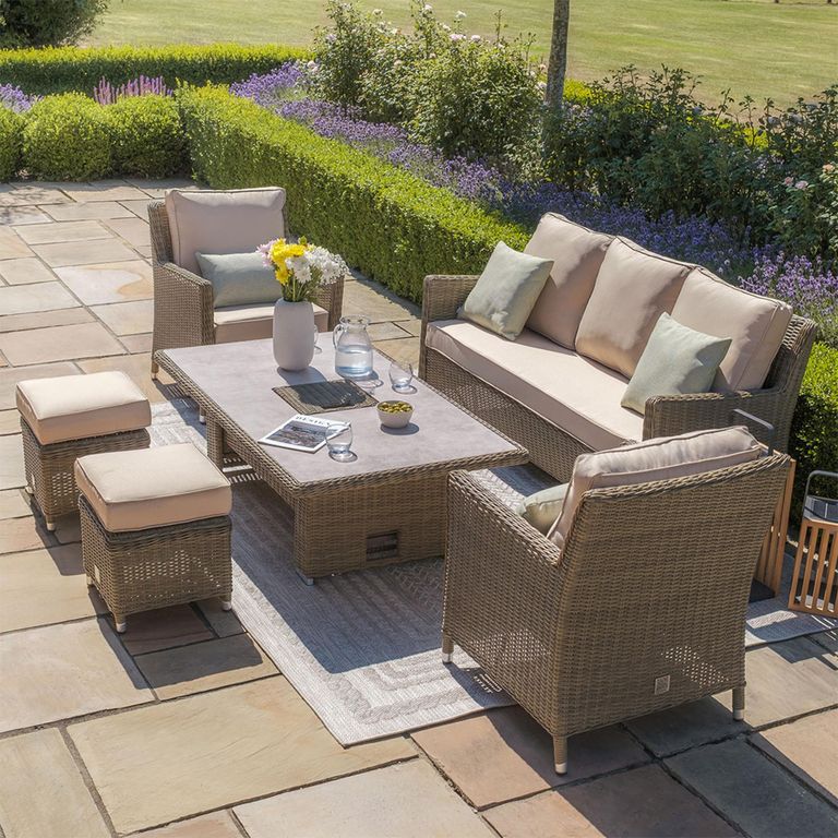 Winchester Garden Sofa Dining Set - Rising Table - Ice Bucket - Ceramic Top - Natural Rattan