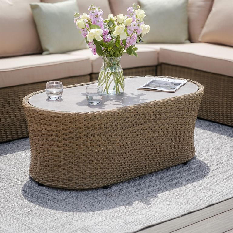 Winchester Small Corner Garden Sofa Set - Coffee Table - Ceramic Top - Natural Rattan