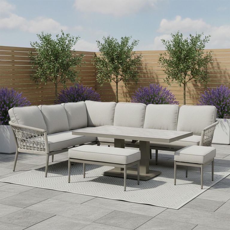 Monaco Corner Garden Dining Set - Rising Table - Cool Linen