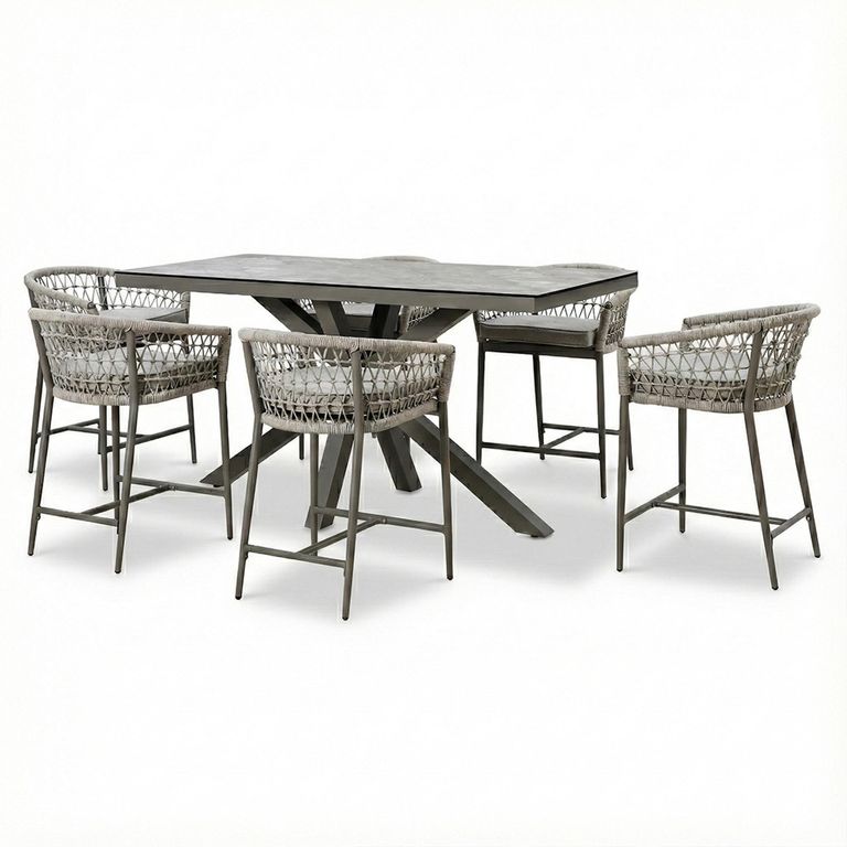 Monaco Garden Low Bar Set - 6 Seater - Bar Stool - Cool Linen