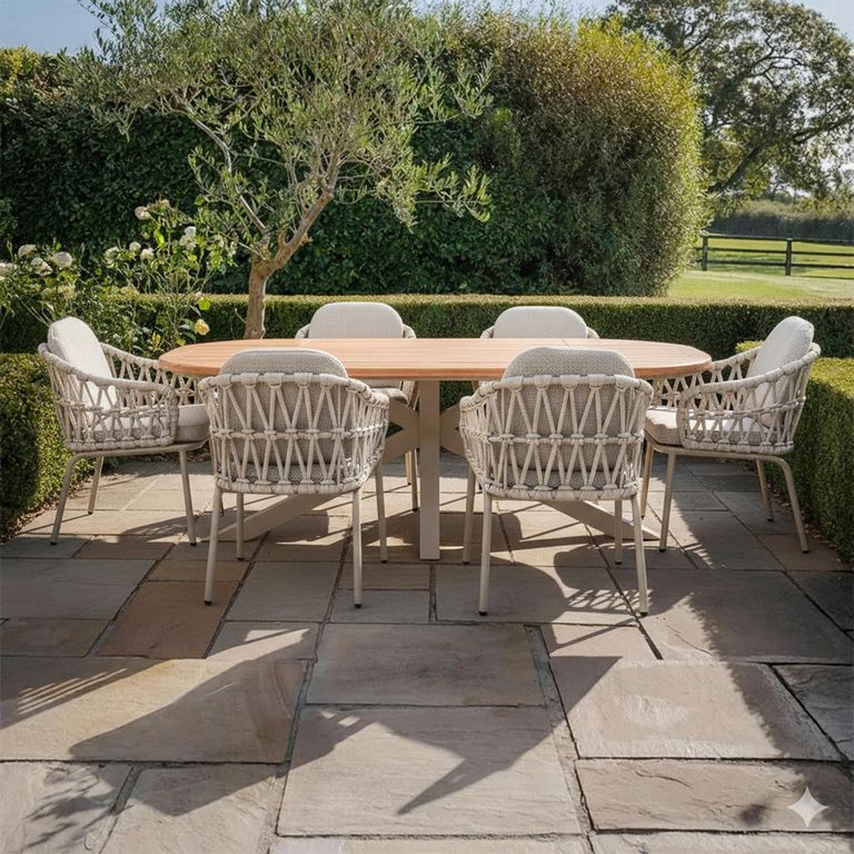 Sicily Garden Dining Set - 6 Seater - 210cm - with Rope Chairs - Latte