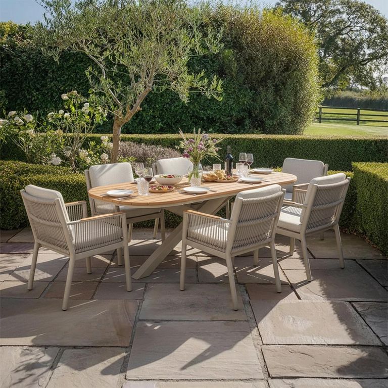 Sicily Garden Dining Set - 6 Seater - 210cm - with Teak Arms Chairs - Latte