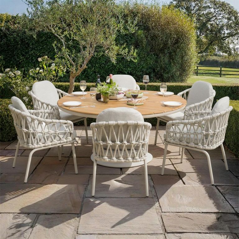 Sicily Round Garden Dining Set - 6 Seater - 160cm - with Rope Chairs - Latte