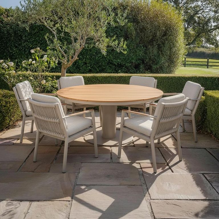 Sicily Round Garden Dining Set - 6 Seater - 160cm - with Teak Arms - Latte