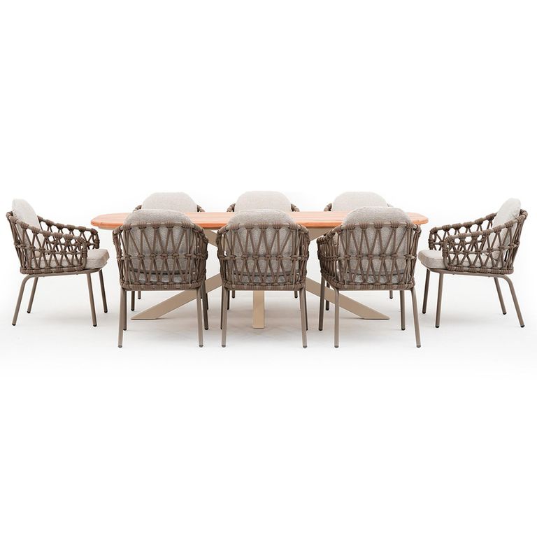 Sicily Garden Dining Set - 8 Seater - 240cm - with Rope Chairs - Cafe Latte