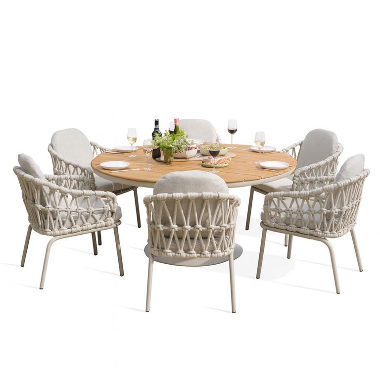 Sicily Round Garden Dining Set - 6 Seater - 160cm - with Rope Chairs - Latte