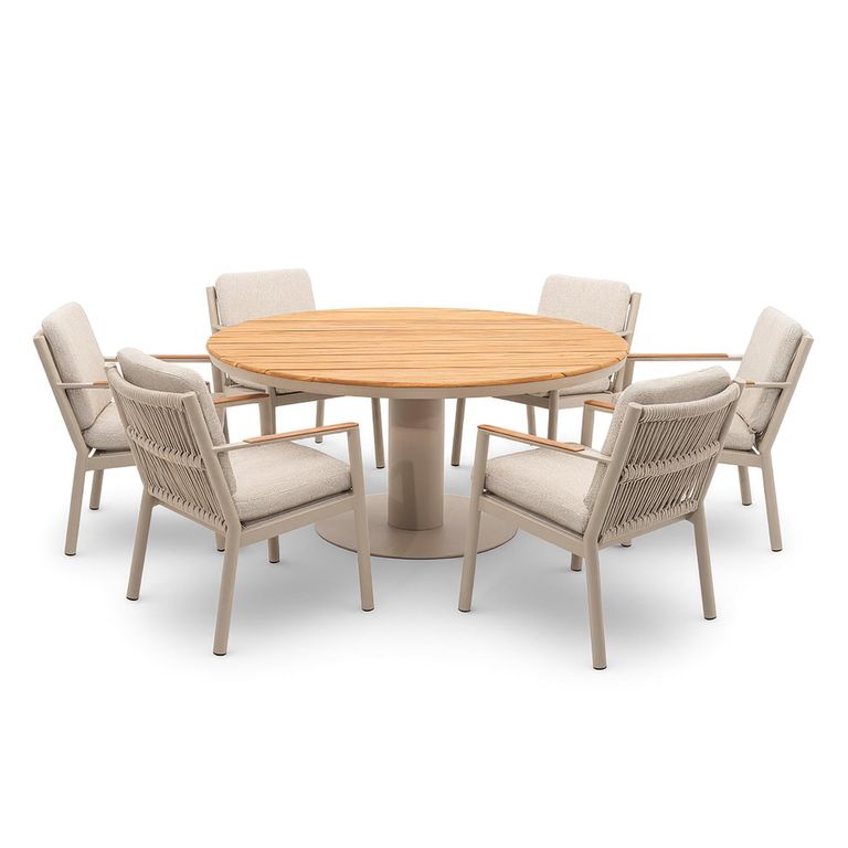 Sicily Round Garden Dining Set - 6 Seater - 160cm - with Teak Arms - Latte