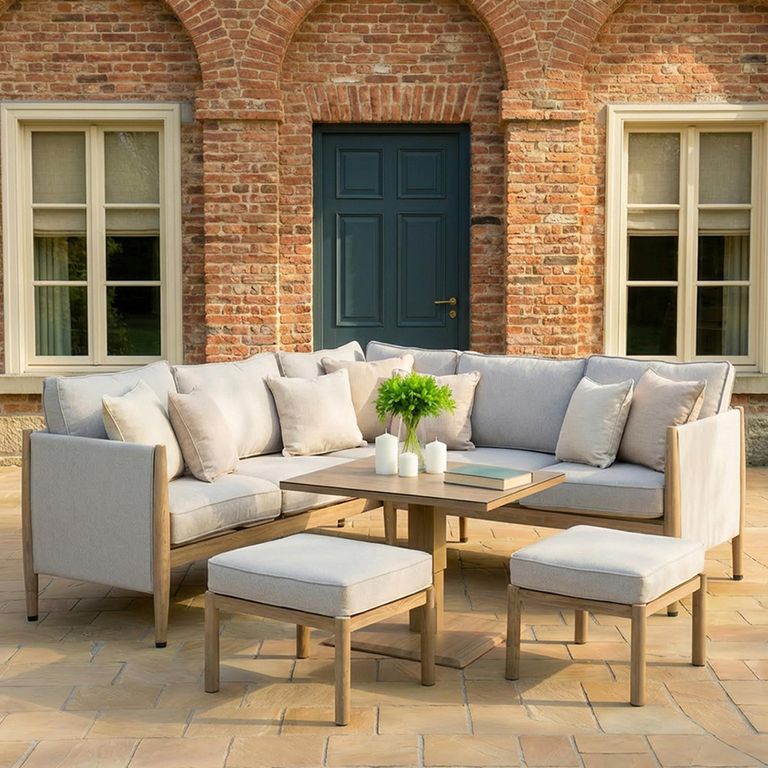 Burford Small Corner Garden Dining Sofa Set - Rising Table - Ceramic Top - Almond