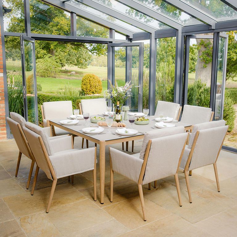 Burford Square Garden Dining Set - 8 Seater - 150cm - Ceramic Top - Almond