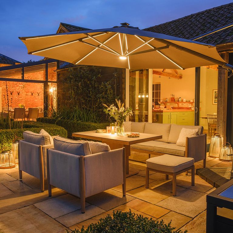 Burford Garden Dining Sofa Set - 3 Seater - Rising Table - Ceramic Top - Almond