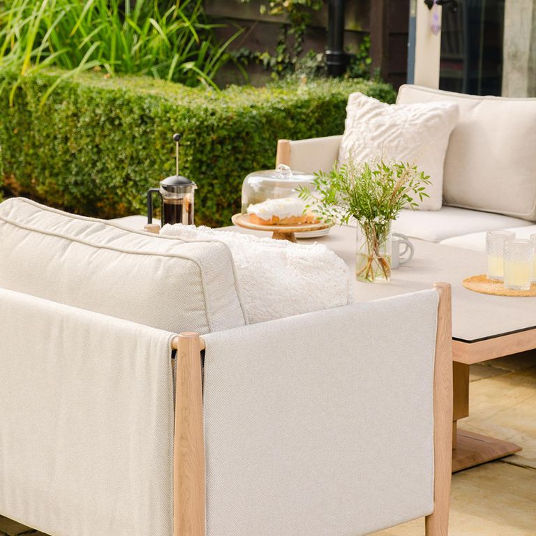 Burford Garden Dining Sofa Set - 3 Seater - Rising Table - Ceramic Top - Almond