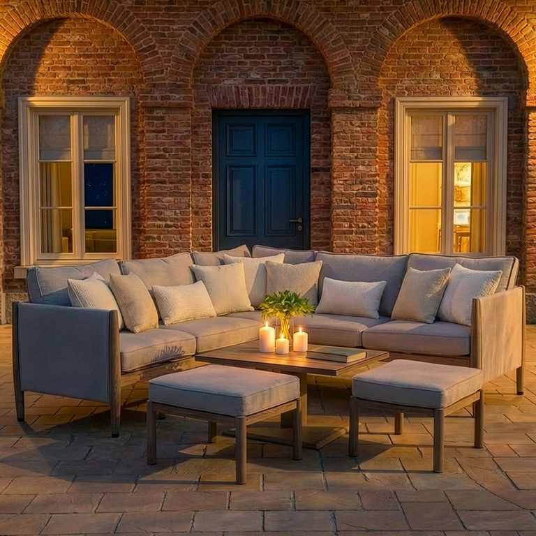 Burford Small Corner Garden Dining Sofa Set - Rising Table - Ceramic Top - Almond