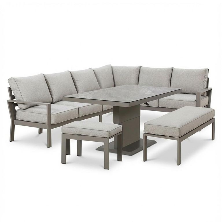 Montreal Large Corner Garden Dining Sofa Set - Rising Table - Ceramic Top - Cool Linen