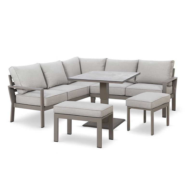 Montreal Small Corner Garden Dining Sofa Set - Rising Table - Ceramic Top - Cool Linen