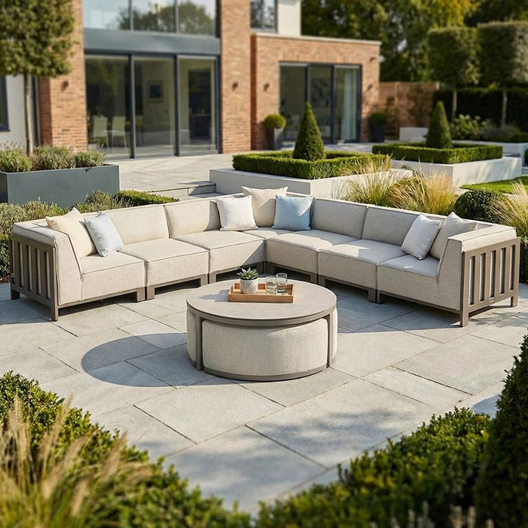 Ibiza Large Corner Garden Sofa Set - with Footstool - Coffee Table - Ceramic Top - Latte