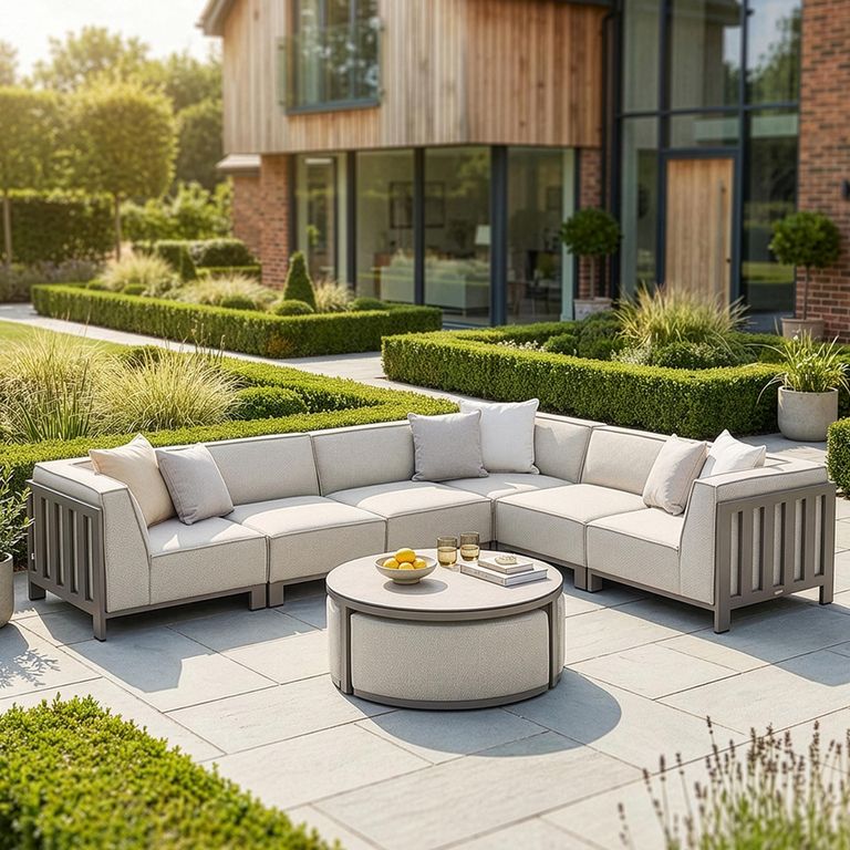 Ibiza Medium Corner Garden Sofa Set - with Footstool - Coffee Table - Ceramic Top - Latte
